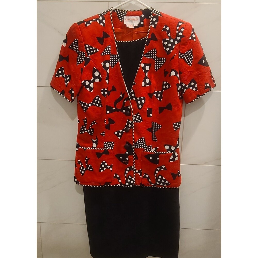 David Warren NY Red Black White Polka Dot Bow Tie 2 Piece Dress and Jacket Sz 6